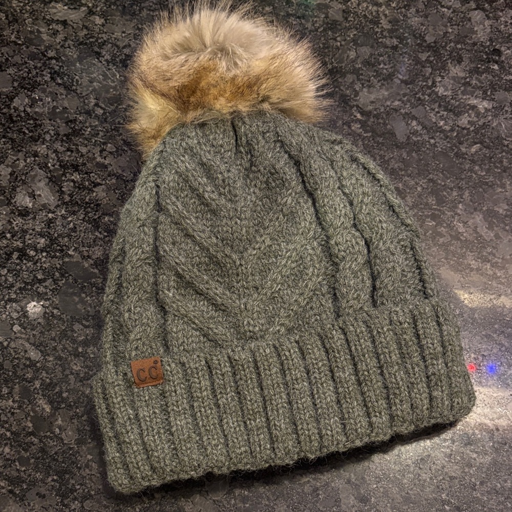 CC Cable Knit Beanie with Faux Fur Pom